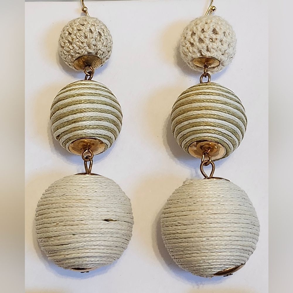 Elegant Cream and Gold Textile Dangle Earrings